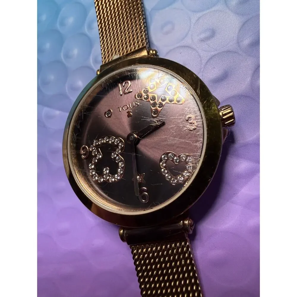 TOUS Copper-Tone Crystal Bear Heart Star Mesh Strap Watch – Pre-Owned